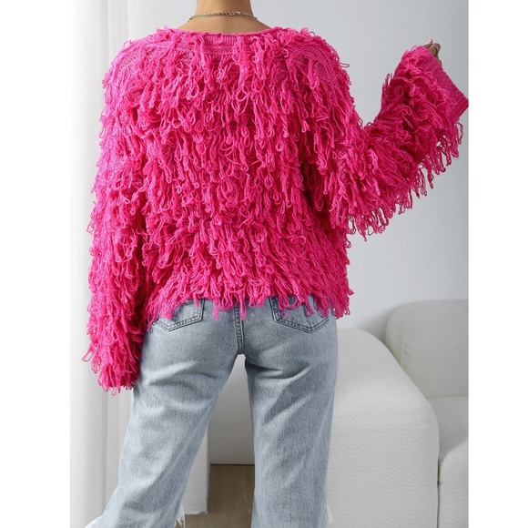 Hot Pink Fuzzy Open Knit Cardigan - Picture 3 of 9
